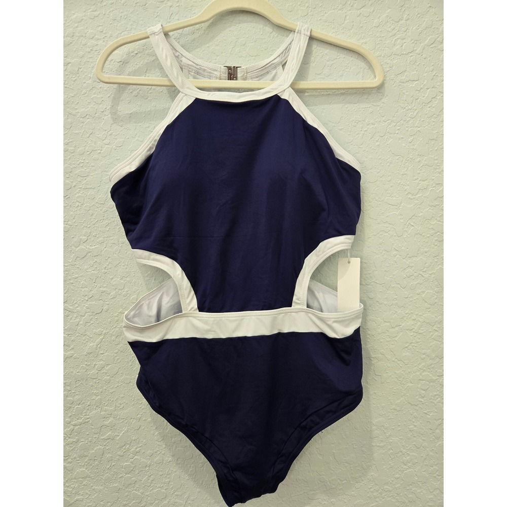 High-Neck Navy and White One-Piece Swimsuit NWT
